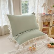 Resim Çift Katmanlı Yastık Kılıfı, Volanlı Kenar ve Çiçek Nakışlı - Hafif Yeşil, Zarf Kapatma, Makinede Yıkanabilir, Polyester Çekirdek, Geometrik Desen, Ev Dekorasyonu İçin İdeal 
