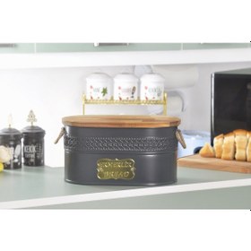 Resim Evistro Metal Ekmeklik Ahşap Kapaklı Hasır Kulplu Ekmek Kutusu Antrasit 