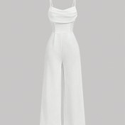 Resim Kadınlar için düz renk V yaka ayarlanabilir omuz askılı bağcıklı elbise, şık seksi klasik, geniş paçalı uzun pantolon, polyester, tüm mevsimler için, yetişkinler için 