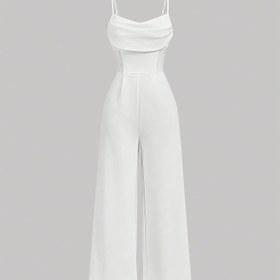 Resim Kadınlar için düz renk V yaka ayarlanabilir omuz askılı bağcıklı elbise, şık seksi klasik, geniş paçalı uzun pantolon, polyester, tüm mevsimler için, yetişkinler için 