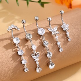 Resim 5'li Paslanmaz Çelik Delikli Göbek Halkası Seti, İris Desenli Sentetik Zirkon Taşlı Kadınlar İçin Klasik ve Popüler Vücut Piercing Takısı 