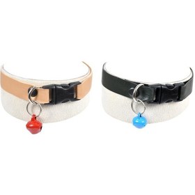 Resim Suni Deri Zilli Kedi Köpek Tasması 2'li Set Siyah Krem Renk 