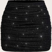 Resim Kadınların Şık Siyah Pullu Mini Etek, %100 Polyester Esnek Parti Elbisesi, Zarif Düz Renk, Tüm Mevsimler İçin Dokuma Kumaş, 100g/m², Konserler ve Etkinlikler İçin Çok Yönlü 