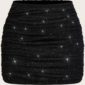 Resim Kadınların Şık Siyah Pullu Mini Etek, %100 Polyester Esnek Parti Elbisesi, Zarif Düz Renk, Tüm Mevsimler İçin Dokuma Kumaş, 100g/m², Konserler ve Etkinlikler İçin Çok Yönlü 