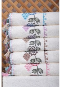 Resim 6 Lı Kanaviçe Çiçek Nakışlı El Yüz Havlu Seti Püsküllü Hediyelik Çeyizlik El Yüz Havlu Takımı 50 X 90 Cm 001 