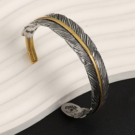 Resim 1 Adet Vintage Çinko Alaşımlı Tüy Şeklinde Erkek Açık Bilezik - Dokulu Detaylar & Altın Tonlu Vurgular, Günlük Giyim için Dayanıklı Minimalist Takı, Babalar Günü Hediyesi 