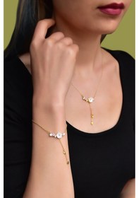 Resim Papatya Silver 925 Ayar Gümüş Gold Kaplama Zincir Sallantılı Taşlı Sedef Manolya Çiçeği Kolye ve Bileklik Set 