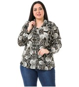 Resim Büyük Beden Yaka Detaylı Şal Desen Saten Siyah Kadın Gömlek 