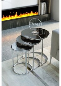 Resim Deepport Alya Dekor 3'lü Zigon Sehpa Takımı Gümüş Ayak Füme Ayna Cam Gümüş 