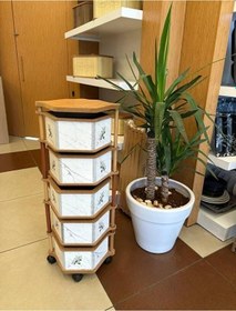 Resim Ahşap Altıgen Sebzelik 5 Katlı Yana Açılır Patates Soğan Tekerlekli Sebzelik Zeytin Beyaz 