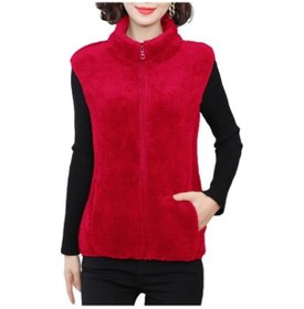 Resim Kadın Sonbahar Kış Düz Renk Peluş Yelek Standı Yaka Kolsuz Cepler Fermuar Pat Kalınlaşmış Çift Taraflı Polar Yelek Ceket Kırmızı 