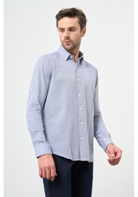 Resim İmza Mavi Kısalabilir Kollu Armürlü Biritli Yaka Pamuklu Casual Slim Fit Dar Kesim Gömlek 1004240202 Mavi 