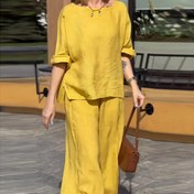 Resim 2024 Yeni Kadın Rayon Keten Yuvarlak Yaka Kısa Kollu Moda Günlük Düz Renk Geniş Paça Pantolon Takımı 