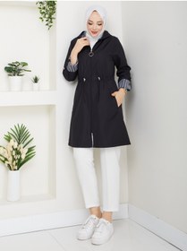 Resim RACE FASHİON Çizgili Bondit Kumaş Beli Lastikli Kapüşonlu Tesettür Trençkot RC905010 