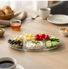 Resim Şık Tasarımlı 3 Bölmeli Cam Kahvaltılık 27x15 Cm Dayanıklı Servis Tabağı, Çok Bölmeli Sunum Kabı, Çizgili Desen Modern Cam Meze Ve Atıştırmalık Tabağı 