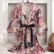 Resim Şık Çiçek Desenli Şeffaf Ağı Mesh Kimono Sabahlık, Kemerli, V-Yaka 3/4 Kol Elbise, Yetişkinler için, Tüm Mevsim Polyester Gece Elbisesi, Cazibeli Tarz Dokuma Uyku Giysisi | Çiçek Desenli Elbise | Dantel Detaylı, Kimono Bornoz 