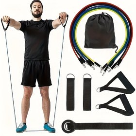 Resim 11 Set Güç Antrenmanı Ekipmanı, 5 Direnç Bandı, 2 Tutma Sapı, 2 Ayak Bilekliği, 1 Kapı Ağırlığı ve 1 Depolama Çantası İçerir, Vücut Şekillendirme ve Egzersiz İçin. 