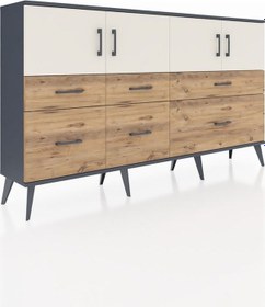 Resim Arges Konsol 4 Raflı 6 Çekmeceli 4 Kapaklı 176x30x99 Antrasit-aytaşı/çam Aytası/atlas Çam - Antrasıt 