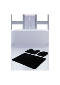 Resim Unicolor Düz Siyah 3'lü Banyo Paspası Halısı Seti Kaymaz Deri Tab Siyah 