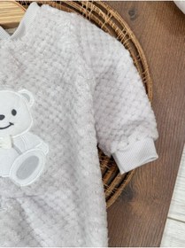 Resim 101 Dalmaçyalı Peluş Ayıcık Nakışlı Patikli Çıtçıtlı Kışlık Erkek Bebek Tulum Gri 