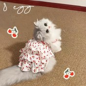 Resim Vişne Desenli Ruffle Pet Elbisesi - Sevimli Yaz Giyimi Kediler ve Köpekler için, Beyaz ile Kırmızı Vişne Desenleri, Hafif ve Nefes Alabilen, Makinede Yıkanabilir, Küçük ve Orta Irklar için İdeal, Yaz Elbisesi | Ruffle Detay | Dokuma Kumaş 