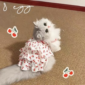 Resim Vişne Desenli Ruffle Pet Elbisesi - Sevimli Yaz Giyimi Kediler ve Köpekler için, Beyaz ile Kırmızı Vişne Desenleri, Hafif ve Nefes Alabilen, Makinede Yıkanabilir, Küçük ve Orta Irklar için İdeal, Yaz Elbisesi | Ruffle Detay | Dokuma Kumaş 