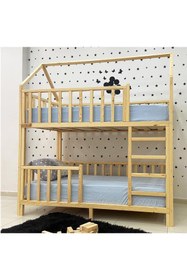 Resim MiniWood Montessori Yatak Çatılı Doğal Ahşap Ranza Karyola 