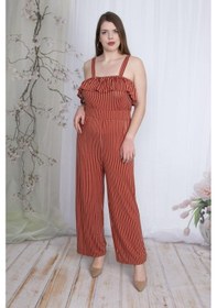 Resim Şans Kadın Tarçın Çizgili Volan Detaylı Askılı Tulum 65n23736-tarçın Tarçın 