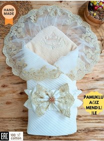 Resim Mint Triko Örgü Bebek Kundağı - Pamuklu & Dantelli Yenidoğan Bebek Battaniyesi Ekru 