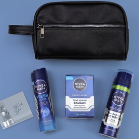 Resim Siyah Suni Deri Erkek El Çantası & Nivea Men Koruyucu Tıraş Köpüğü & Nivea Men Tıraş Sonrası Balsam & Nivea Men Deodorant Hediye Seti 