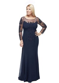 Resim Moda Berray 8028 Uzun Kollu Arkası Şifon Kuyruklu Abiye Elbise Lacivert 