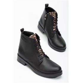 Resim 165-225 Siyaha Leopar Bağcıklı Fermuarlı Günlük Kadın Bot Beyaz 