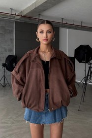 Resim buqre's moda Trend Oversize Kadın Bomber Süet Deri Ceket 
