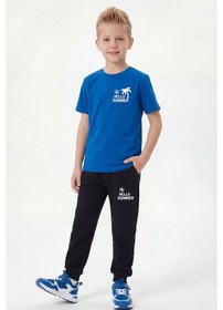 Resim Panios Kids Yuvarlak Yaka Tişörtlü Uzun Eşofman Altlı Erkek Çocuk Alt Üst Takım Mavi 