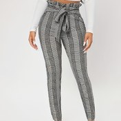 Resim Kadınlar için Vintage Esintili Esnek Dar Pantolon - Siyah & Beyaz Ekose, Yüksek Bel Bağcıklı, Polyester, Makinede Yıkanabilir - İlkbahar/Sonbahar için Mükemmel 