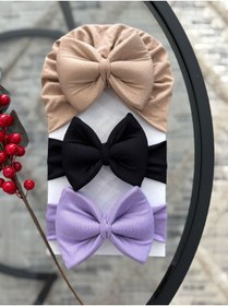 Resim VANİLLİA Bebek Çift Kat Fiyonklu Bebek Bone & Bebek Bandana Saç bandı 3'lü Set (0-18 Ay) 
