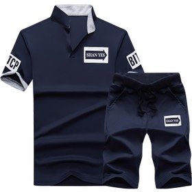 Resim Erkekler için Baskılı Kısa Kollu Spor Günlük Ceket ve Pantolon Takımı, Temel Stil, Dik Yaka, Esnemez, Harf Desenli, Cepli Detaylı, Normal Kesim, Polyester Karışım, Örme Kumaş 