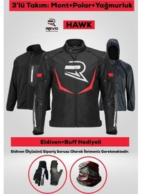 Resim Revo Hawk Kırmızı 3 Katmanlı 4 Mevsim Unisex Motosiklet Montu + Eldiven Ve Buff 