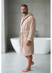 Resim % 100 Pamuklu Laodikeia Kapşonlu Unisex Kadın Erkek Bornoz Bej 