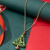 Resim Kadınlar için Işıltılı Noel Ağacı Kolye - Kırmızı Meyve Vurgulu Altın Ton, Sevimli & Bayramlık Tatil Takısı, Kış Mevsimi Hediyesi, Noel Takıları, Şenlikli Giyim, Altınımsı Zincir, Detaylı İşçilik 