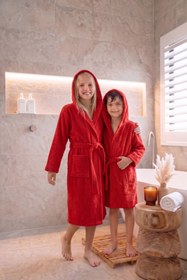 Resim CottonVerse Genç & Çocuk Kapşonlu Bornoz - %100 Pamuk, Unisex Kırmızı - Kırmızı / 15-16 Yaş 