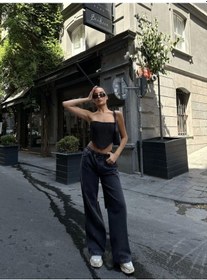 Resim Arkadan Yırtmaçlı Jeans Kot Palazzo Pantolon - Siyah Siyah 