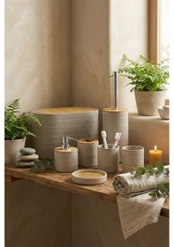 Resim Makri Home 6 Parça Toprak Banyo Seti, Bambu Detaylı, 8l Çöp Kovası 24x26x16 Cm Kahverengi 
