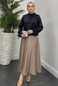 Resim Tesettür Diyarı Rahe Kolları Büzgü Bağlamalı Saten Tesettür Gömlek- Siyah 