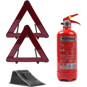 Resim KKDAVM Mapeks araç yangın tüpü 1 kg ve 2 adet reflektör ve kayma takozu oto trafik seti 