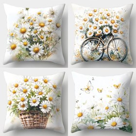 Resim 4 adet Papatya ve Bisiklet Baskılı Yastık Kılıfları - Çağdaş Tarz, Polyester, Makine Yıkamalı, Fermuar Kapatma, Oturma Odası, Koltuk ve Oda Dekoru için Mükemmel (Sadece Kılıflar), Dekoratif Yastıklar|Çiçek Desenleri|Fermuarlı Yastık Kılıfı 