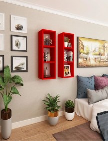 Resim Kitaplık Yatak Odası Duvar Rafı İkili Mobilya Takım Kırmızı Kırmızı 