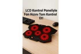 Resim Frisby Gp5 E-Sport Desing 5 Fanlı Ledli LCD Kontrol Panelli Pro Standlı 15-17" Uyumlu Notebook Soğutucu 