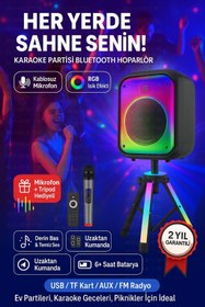 Resim Zineets Işıklı Büyük Boy Party Box Bluetooth Hoparlör Tripodlu Şarjlı Ses Sistemi RADYOLU Karaoke Mic 
