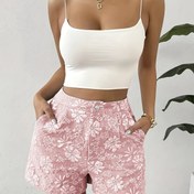 Resim Kadınlar İçin Şık Çiçekli Jakarlı Günlük Şortlar - Yüksek Bel, A Kesim, Bej Beyaz Çiçek Desenli, %100 Polyester Lif, Makinede Yıkanabilir, İlkbahar/Yaz/Sonbahar İçin Uygun 